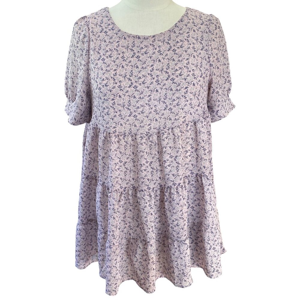 Hazel Floral Tiered Babydoll Mini Dress Puff Sleeve Lilac Purple Cottage Boho-XS